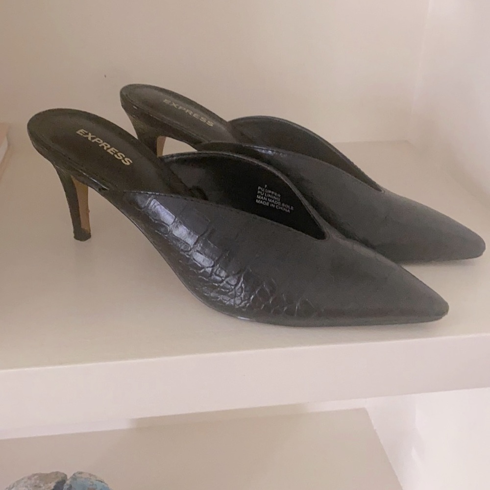 Express faux snake skin kitten heel mules